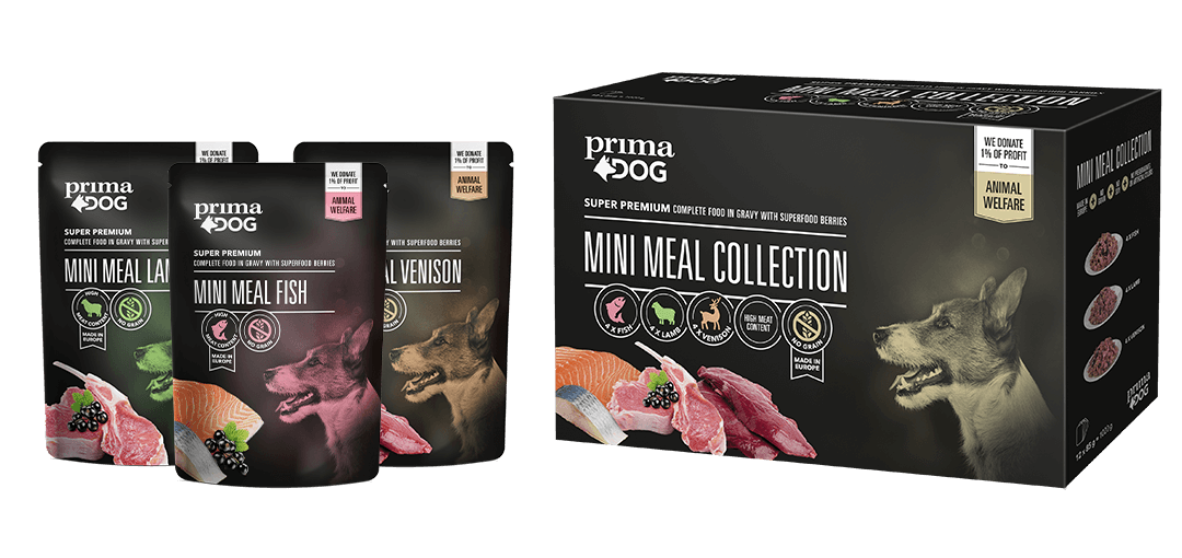 PrimaDog Mini Meal -annosateriat on saatavilla sekä yksittäisinä että lajitelmapakkauksessa